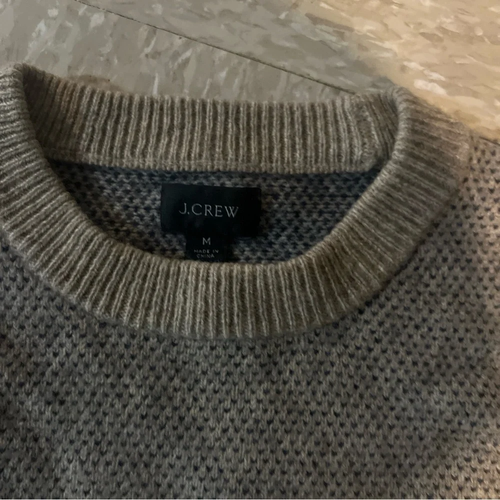J. Crew Merino Wool Pullover Sweater Beige Navy Blue Crew Neck Mens Medium